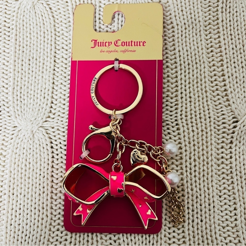Juicy Couture New Goldtone Hearts Pink Bow Keychain Bag Charm with Pearls
